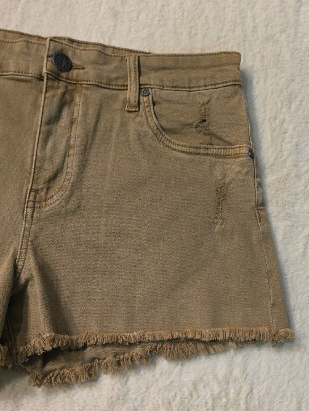 Kut from the Kloth Olive-Tan Frayed Hem Denim Shorts - Picture 8 of 14